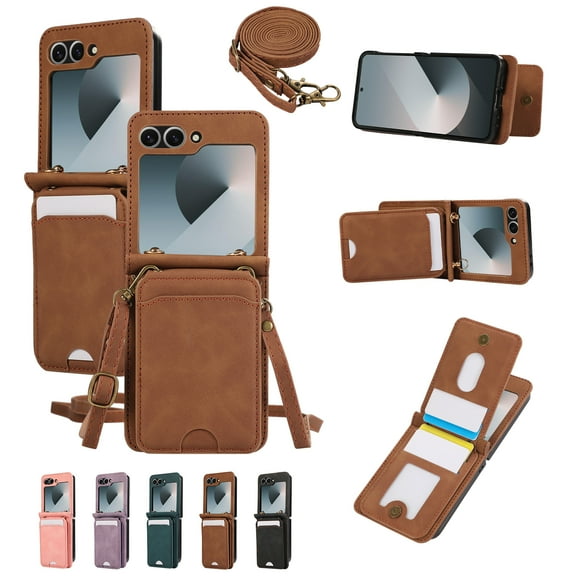 for Samsung Galaxy Z Flip 6 Wallet Case with Shoulder Lanyard Strap, Crossbody Phone Case with Card Holder Slots for Women Girls, Luxury PU Leather Flip Stand Purse Cover Shockproof Case, Brown