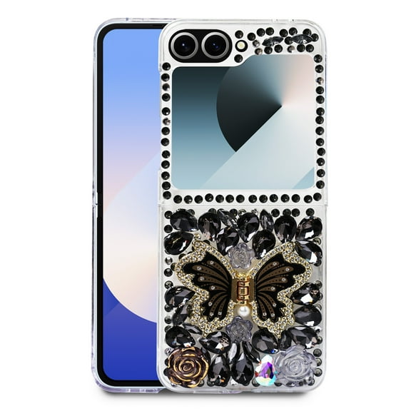For Samsung Galaxy Z Flip 6 / Z Flip 5 Luxury Diamond Rose 3D Butterfly Kickstand Design With Strap Raised Lip Screen Camera Protection Shockproof Case Cover Black