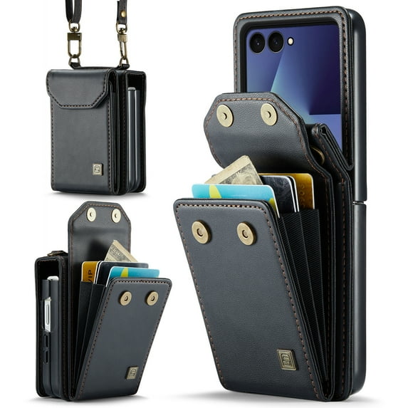 for Samsung Galaxy Z Flip 7 5G Crossbody Strap Case, Retro PU Leather Strap Wristlet Flip Case Cover with Magnetic Closure and Card Holder for Men Women for Samsung Galaxy Z Flip 7, Black