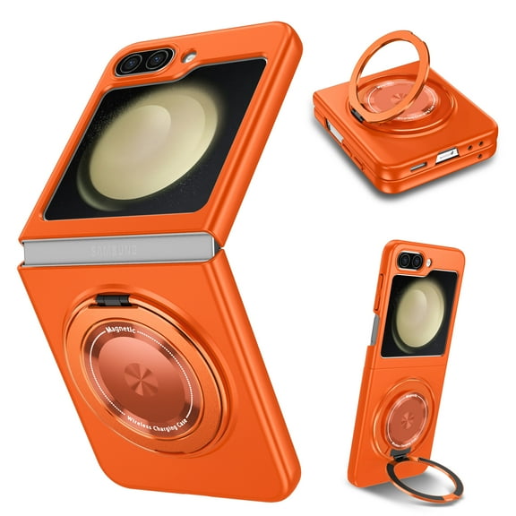 for Samsung Galaxy Z Flip 7 5G Phone Case, Magnetic 360 Rotating Ring Kickstand Frosted Hard PC Case with Wireless Charging Compatibility for Samsung Galaxy Z Flip 7 5G, Orange