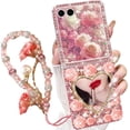 thumbnail image 1 of for Samsung Galaxy Z Flip 7 Bling Case Diamond Flower 3D Sparkle Glitter Crystal Rhinestone Pearl Cute Love-Heart Mirror Wrist Bracelet Lanyard Cover for Girls Women for Galaxy Z Flip 7,Pink, 1 of 9