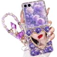 thumbnail image 1 of for Samsung Galaxy Z Flip 7 Bling Case Diamond Flower Sparkle Glitter Crystal Rhinestone Pearl Cute Love-Heart Mirror Wrist Bracelet Lanyard Cover for Girls Women for Galaxy Z Flip 7,Purple, 1 of 12