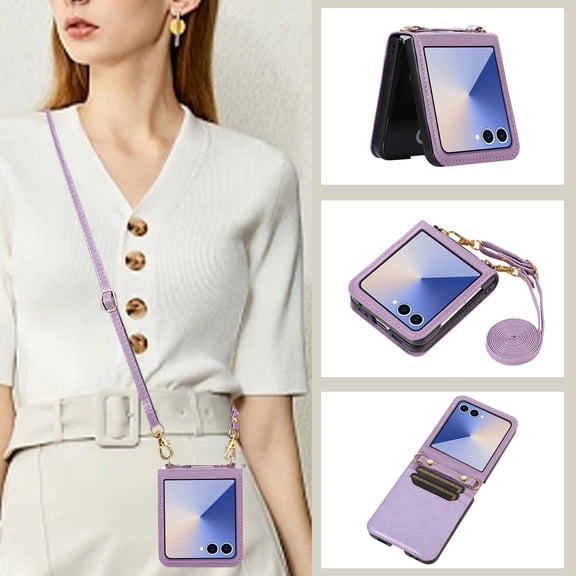 for Samsung Galaxy Z Flip 7 Case with Card Holder, Wristband & Shoulder Strap Drop Proof, Multifunctional Slim PU Leather Shockproof Protective Case Cover for Women Girls for Z Flip 7, Purple