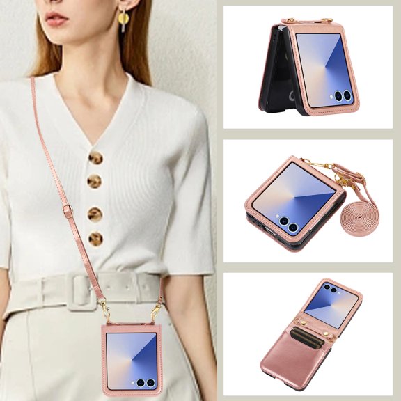 for Samsung Galaxy Z Flip 7 Case with Card Holder, Wristband & Shoulder Strap Drop Proof, Multifunctional Slim PU Leather Shockproof Protective Case Cover for Women Girls for Z Flip 7, Rosegold