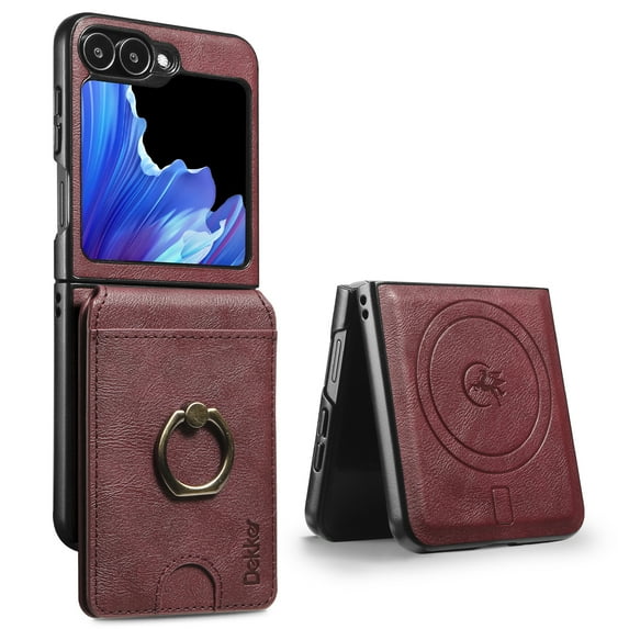 for Samsung Galaxy Z Flip 7 Case with Credit Card Holder, for Samsung Galaxy Z Flip 7 Phone PU Leather Case Wallet for Women Wallet Finger Ring Magnetic Detachable 2-in-1 for Men - Winered