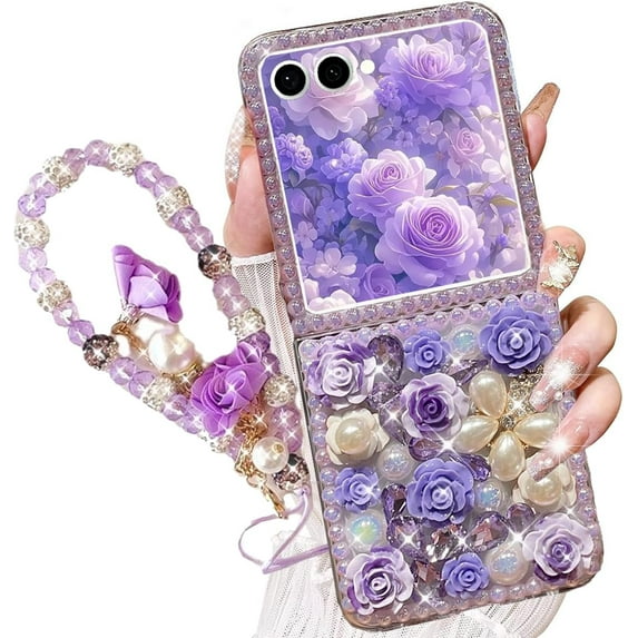 for Samsung Galaxy Z Flip 7 Case,Cute Bling Glitter Sparkle Stunning Stones Diamond Rhinestone 3D Handmade Pearl Rose Flower with Wrist Lanyard for Women Girls for Galaxy Z Flip 7,Purple