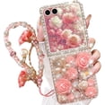 thumbnail image 1 of for Samsung Galaxy Z Flip 7 Case,Cute Bling Glitter Sparkle Stunning Stones Diamond Rhinestone 3D Handmade Pearl Rose Flower with Wrist Lanyard for Women Girls for Galaxy Z Flip 7,Pink, 1 of 9