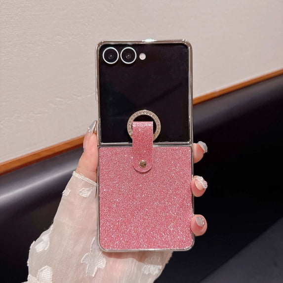 for Samsung Galaxy Z Flip 7 Case for Girls, Glitter Back with Plating Frame, Diamond Sparkly Finger Ring, Shockproof & Drop Protective Lightweight Ultra Slim Anti-Scratch Phone Case, Pink