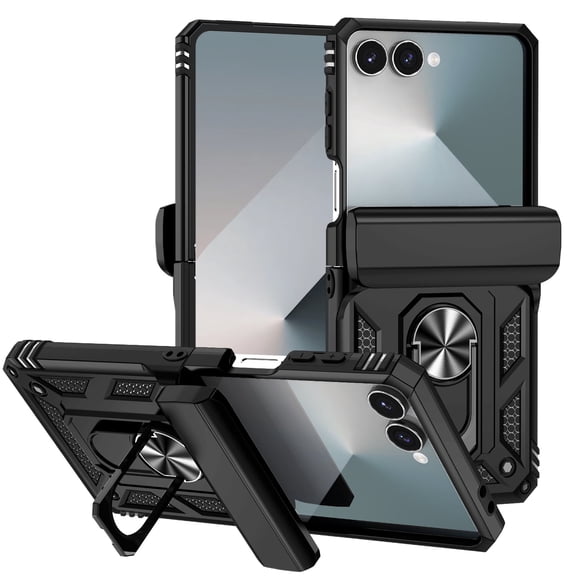 For Samsung Galaxy Z Flip 7 Case Heavy Duty Military Grade Protection,Camera Lens Slide Protection & 360°Rotate Magnetic Car Mount Holder Kickstand Rugged Shockproof Drop Hard Shell,Black