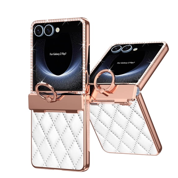 for Samsung Galaxy Z Flip 7 Case Hinge Protection with Finger Ring Holder, Premium PU Leather Hybrid PC All-Inclusive Diamond Bling Phone Case for Samsung Galaxy Z Flip 7 5G, White