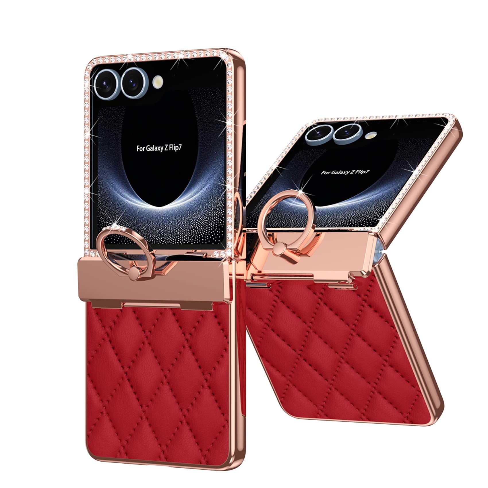 for Samsung Galaxy Z Flip 7 Case Hinge Protection with Finger Ring Holder, Premium PU Leather Hybrid PC All-Inclusive Diamond Bling Phone Case for Samsung Galaxy Z Flip 7 5G, Red
