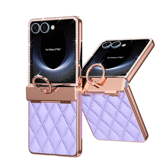 for Samsung Galaxy Z Flip 7 Case Hinge Protection with Finger Ring Holder, Premium PU Leather Hybrid PC All-Inclusive Diamond Bling Phone Case for Samsung Galaxy Z Flip 7 5G, Purple