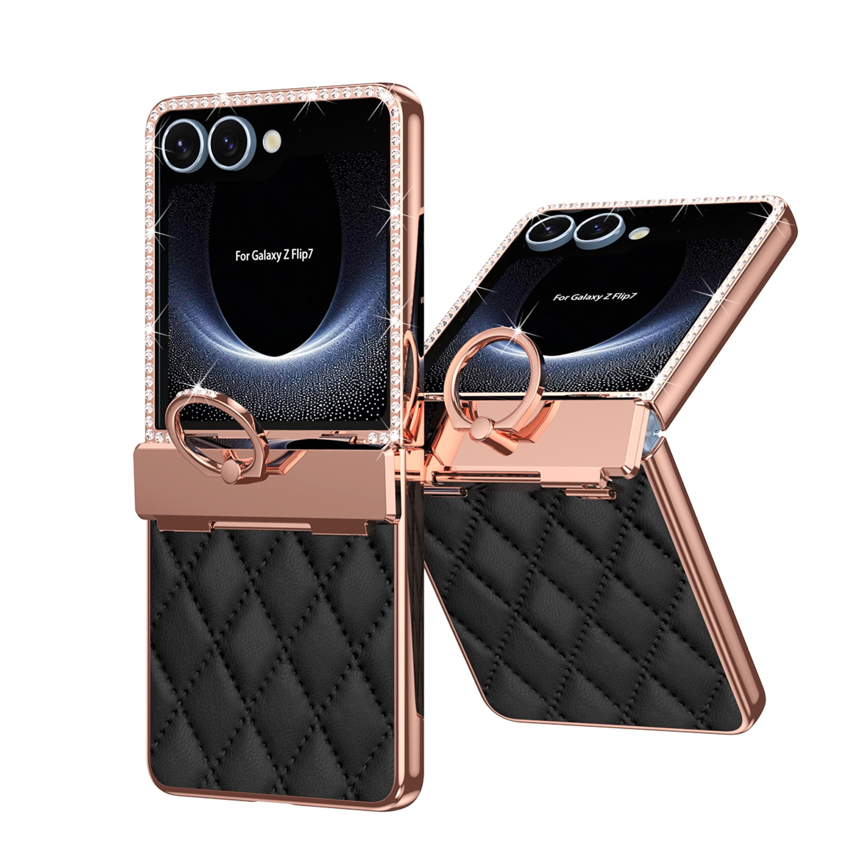 for Samsung Galaxy Z Flip 7 Case Hinge Protection with Finger Ring Holder, Premium PU Leather Hybrid PC All-Inclusive Diamond Bling Phone Case for Samsung Galaxy Z Flip 7 5G, Black
