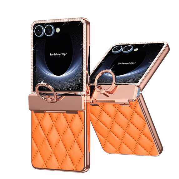 for Samsung Galaxy Z Flip 7 Case Hinge Protection with Finger Ring Holder, Premium PU Leather Hybrid PC All-Inclusive Diamond Bling Phone Case for Samsung Galaxy Z Flip 7 5G, Orange