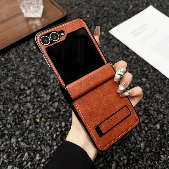 for Samsung Galaxy Z Flip 7 Case with Hinge Protection, Hidden Kickstand, Classic PU Leather Shockproof Protective Cover, Business Style Slim Fit Back Case for Samsung Galaxy Z Flip 7, Brown
