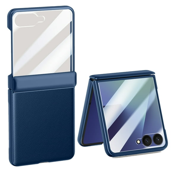 for Samsung Galaxy Z Flip 7 Case, Hinge Protection Luxury PU Leather Skin Friendly Shockproof Protective Phone Cover, with Anti-Scratch Tempered Glass Screen Protector, Darkblue
