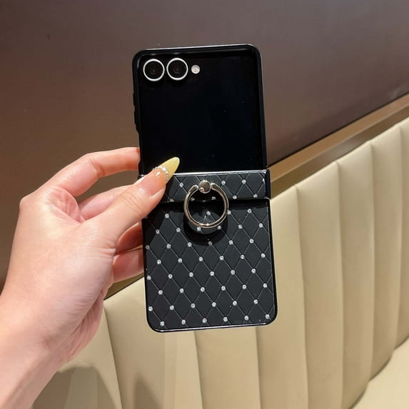 for Samsung Galaxy Z Flip 7 Case with Hinge Protection & Ring Kickstand, Luxury Diamond Design Elegant Protective Phone Cover with Built-in Ring Grip for Samsung Galaxy Z Flip 7, Black