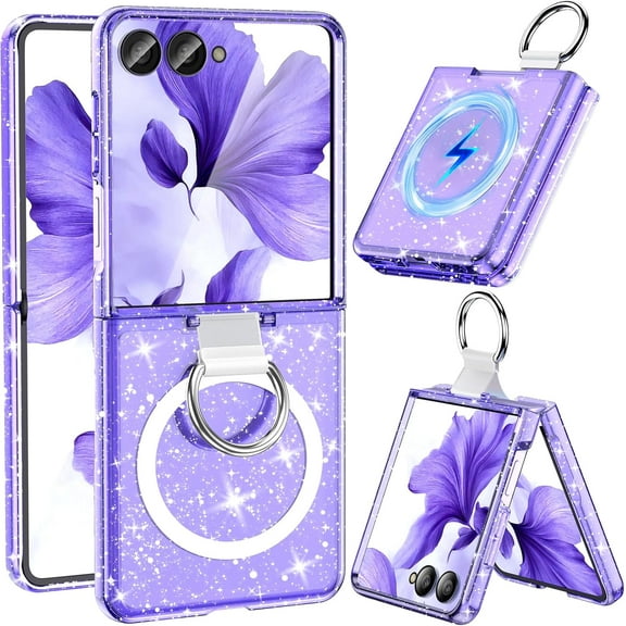 for Samsung Galaxy Z Flip 7 Case Magnetic, Z Flip7 with Rring, [Compatible with MagSafe] Military Drop Protection, Bling Sparkly Slim Fit Hard PC Rugged Case for ZFlip 7, Glitter Purple