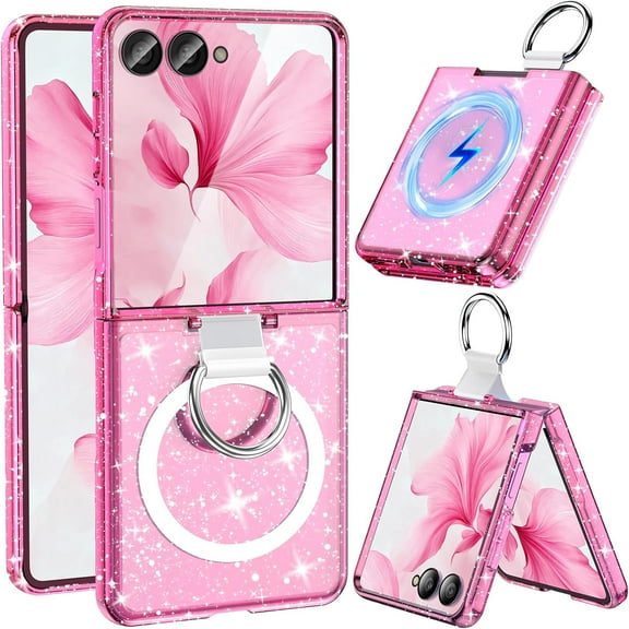 for Samsung Galaxy Z Flip 7 Case Magnetic, Z Flip7 with Rring, [Compatible with MagSafe] Military Drop Protection, Glitter Bling Sparkly Slim Fit Hard PC Rugged Case for ZFlip 7, Glitter Pink