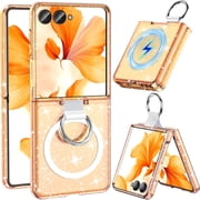 for Samsung Galaxy Z Flip 7 Case Magnetic, Z Flip7 with Rring, [Compatible with MagSafe] Military Drop Protection, Glitter Bling Sparkly Slim Fit Hard PC Rugged Case for ZFlip 7, Glitter Gold