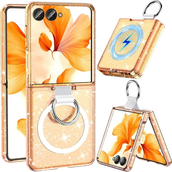 for Samsung Galaxy Z Flip 7 Case Magnetic, Z Flip7 with Rring, [Compatible with MagSafe] Military Drop Protection, Glitter Bling Sparkly Slim Fit Hard PC Rugged Case for ZFlip 7, Glitter Gold