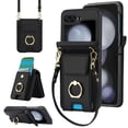 thumbnail image 1 of for Samsung Galaxy Z Flip 7 Case, Retro PU Leather Shockproof Protection Phone Case Wallet Built in Credit Card Slots Flip Cover Finger Ring Stand with Long Strap + Short Strap, Black, 1 of 8