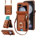 thumbnail image 1 of for Samsung Galaxy Z Flip 7 Case, Retro PU Leather Shockproof Protection Phone Case Wallet Built in Credit Card Slots Flip Cover Finger Ring Stand with Long Strap + Short Strap, Brown, 1 of 8
