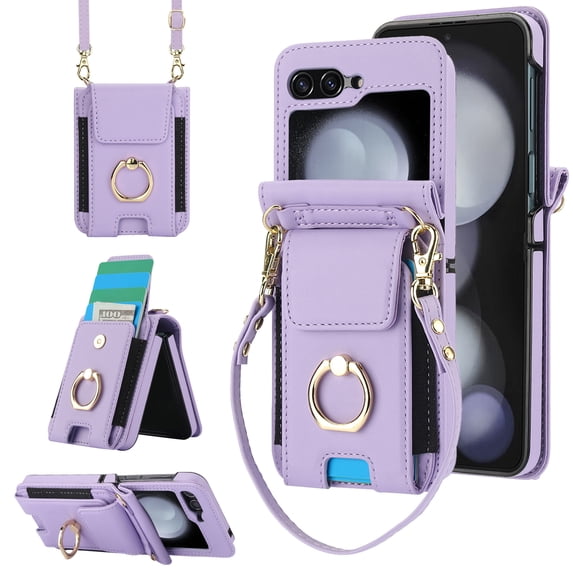 for Samsung Galaxy Z Flip 7 Case, Retro PU Leather Shockproof Protection Phone Case Wallet Built in Credit Card Slots Flip Cover Finger Ring Stand with Long Strap + Short Strap, Purple