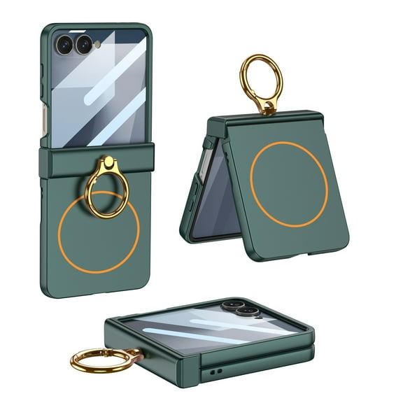 for Samsung Galaxy Z Flip 7 Case with Ring Holder, Case with Hinge Protection + Anti-Scratch Tempered Glass Screen Protector + Ultra-Thin Protective Case for Samsung Galaxy Z Flip 7, Darkgreen