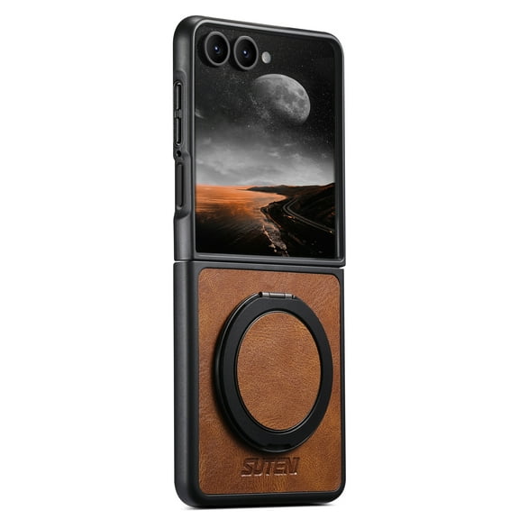 for Samsung Galaxy Z Flip 7 Case with Stand, Compatible with Magsafe, Slim PU Leather & Rubber Drop Proof Magnetic Ring Kickstand Protective Phone Cover for Samsung Galaxy Z Flip 7, Brown