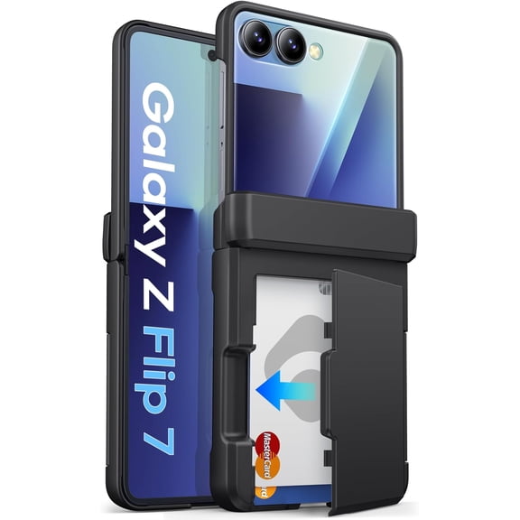 for Samsung Galaxy Z Flip 7 Case Wallet with Card Holder (3 Cards) & Hinge Protection & Outer Screen Protector, Shockproof Rugged Cover Phone Case for Samsung Galaxy Z Flip 7 5G 2025, Black