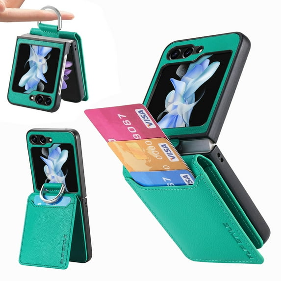 for Samsung Galaxy Z Flip 7 Case Wallet with Card Holder & Finger Ring, PU Leather Shockproof Protective Cover Flip Kickstand Magnetic Rugged Phone Case for Samsung Galaxy Z Flip 7, Green