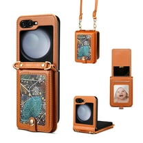 for Samsung Galaxy Z Flip 7 Case Wallet with Pattern PU Leather Purse Cover for Women Girls, Galaxy Z Flip 7 Case with Shoulder Strap, Crossbody Lanyard Card Slots Stand Phone Case Cover, Brown