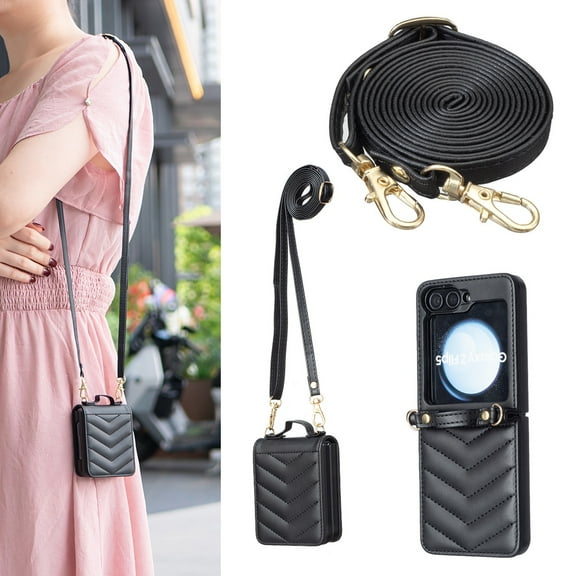 for Samsung Galaxy Z Flip 7 Case for Women Girls, Fashion PU Leather Slim Protective Cover with Wristband & Detachable Adjustable Crossbody Strap, Shockproof Durable Non-Slip Phone Cover - Black