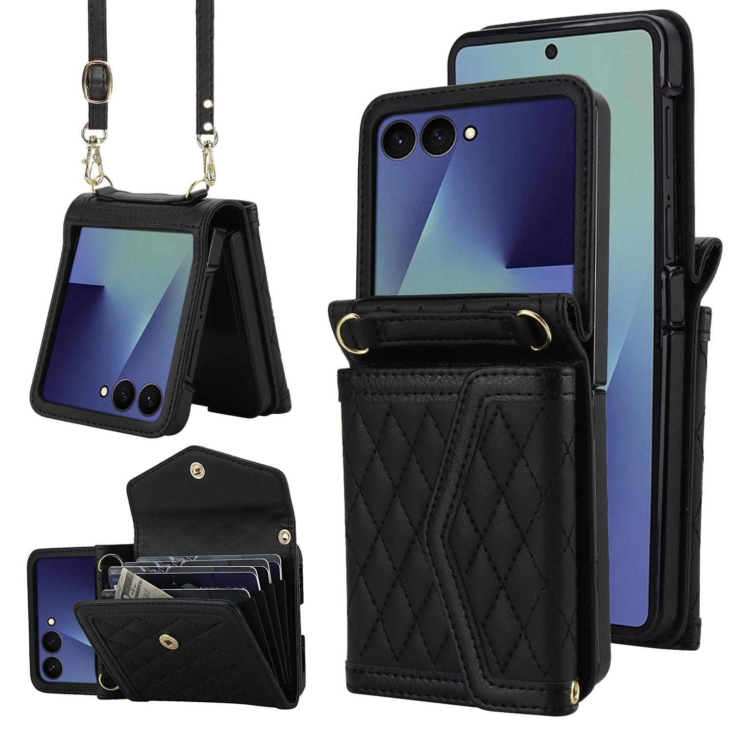 for Samsung Galaxy Z Flip 7 Elegant Case Wallet for Women, 4 Card Holder & Shoulder Strap & Wristlet Flip PU Leather Phone Case with RFID Blocking for Samsung Galaxy Z Flip 7, Black