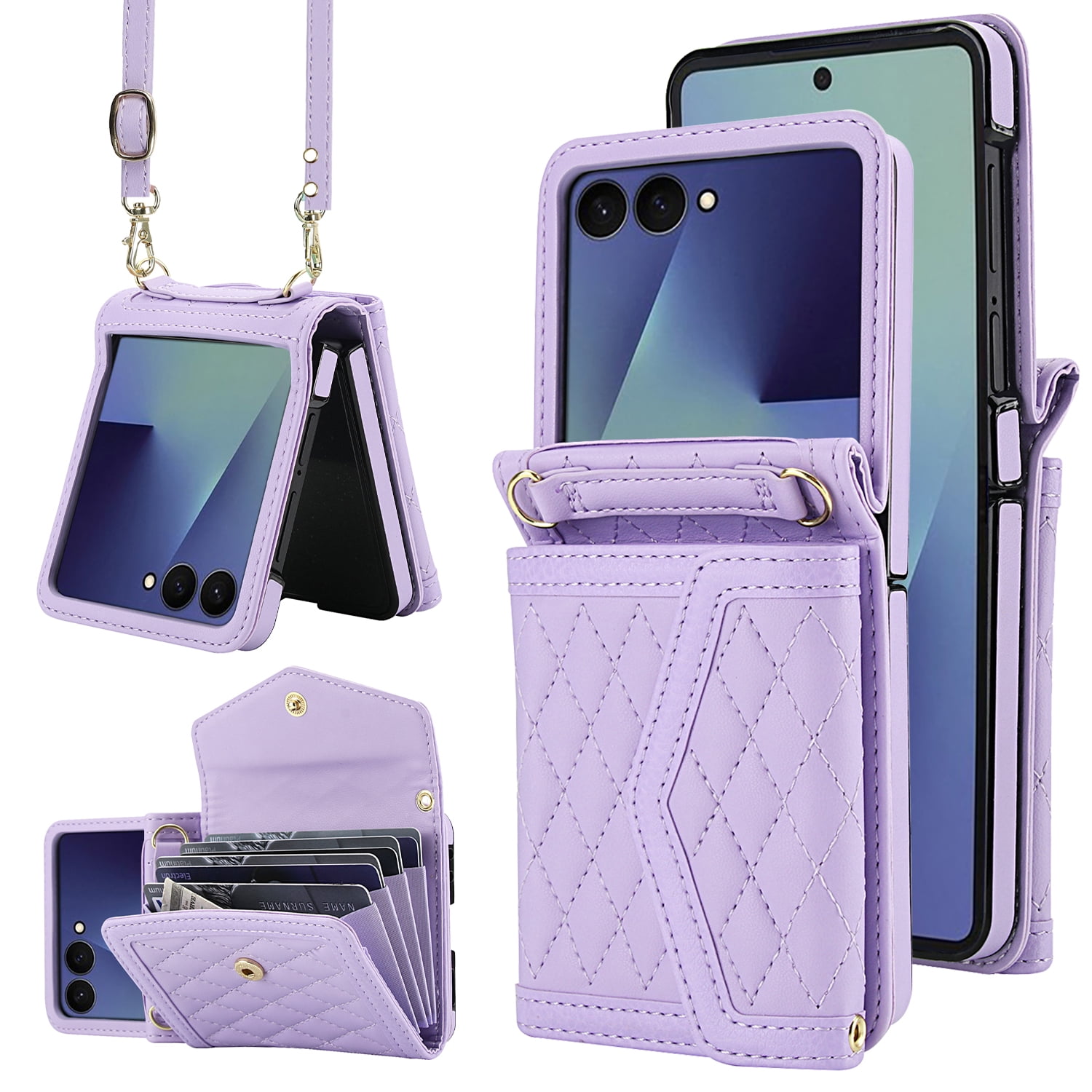 for Samsung Galaxy Z Flip 7 Elegant Case Wallet for Women, 4 Card Holder & Shoulder Strap & Wristlet Flip PU Leather Phone Case with RFID Blocking for Samsung Galaxy Z Flip 7, Lightpurple
