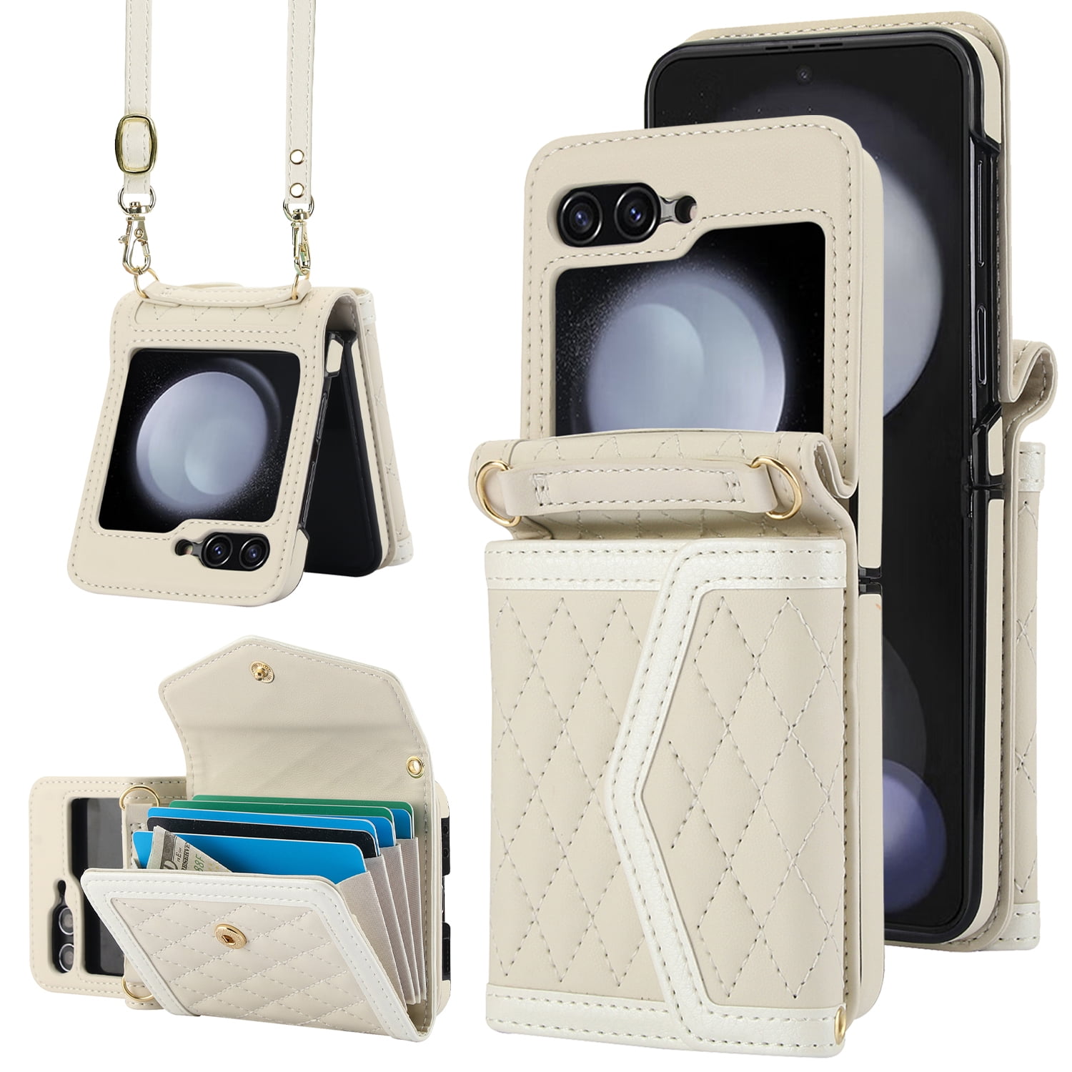 for Samsung Galaxy Z Flip 7 Elegant Case Wallet for Women, 4 Card Holder & Shoulder Strap & Wristlet Flip PU Leather Phone Case with RFID Blocking for Samsung Galaxy Z Flip 7, Beige