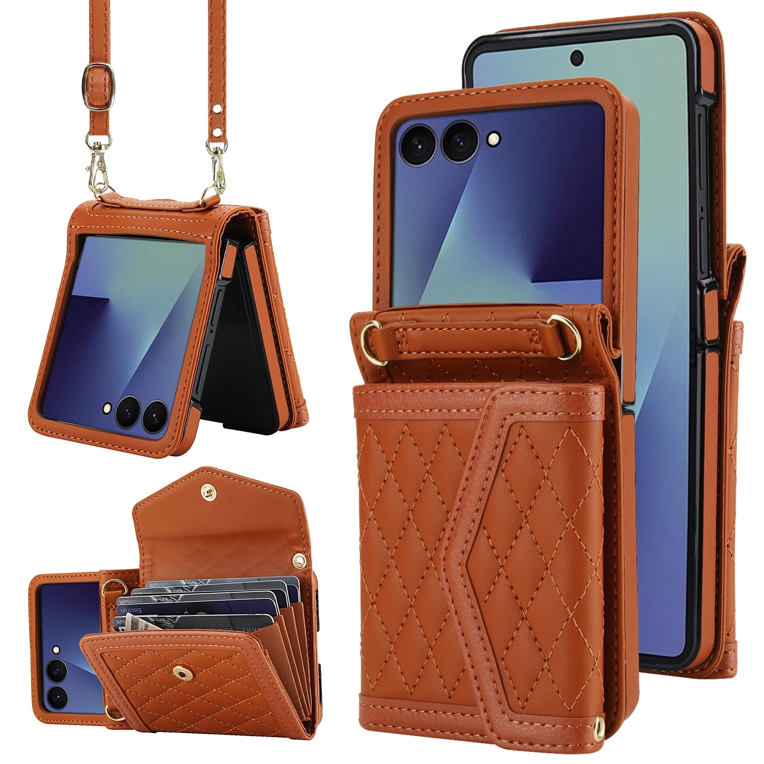 for Samsung Galaxy Z Flip 7 Elegant Case Wallet for Women, 4 Card Holder & Shoulder Strap & Wristlet Flip PU Leather Phone Case with RFID Blocking for Samsung Galaxy Z Flip 7, Brown