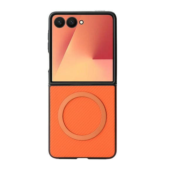 For Samsung Galaxy Z Flip 7 FE/6 Magnetic Phone Case,Fiber Pattern PU Leather Back,Compatible with Mag-Safe,Shockproof Anti-fall Drop Protection Anti-Scratch Ultra Slim Durable Phone Case,Orange