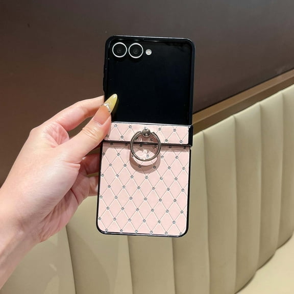 For Samsung Galaxy Z Flip 7 FE/6 Phone Case,With Hinge Protection,360°Rotatable Finger Ring Kickstand,Luxury Diamond Argyle Pattern Back,Shockproof Anti-Scratch Rugged Phone Case,Pink
