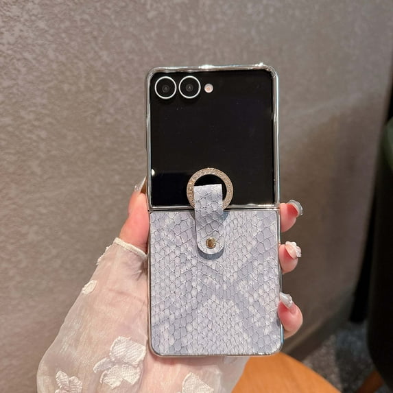 for Samsung Galaxy Z Flip 7 FE Case, Elegant Texture PU Leather Plating Frame Cover with Secure Ring Buckle & Diamond Ring, Shock Resistant Scratch Proof Case for Samsung Galaxy Z Flip 6, Blue