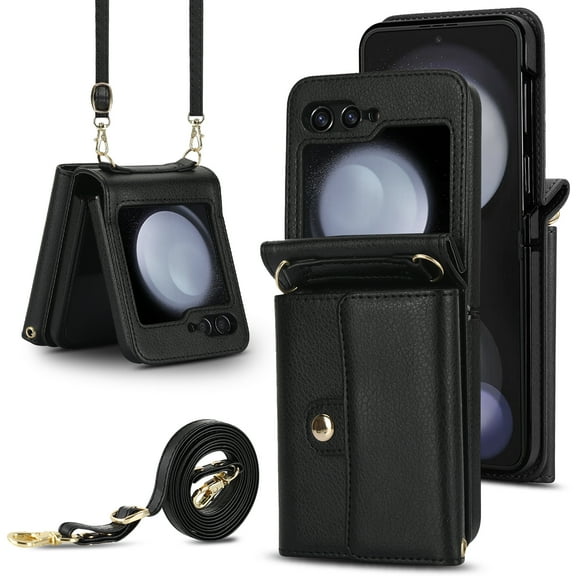 For Samsung Galaxy Z Flip 7 FE / Samsung Galaxy Z Flip 6 PU Leather Case, Stylish Crossbody Strap Wristband Card Slots Magnetic Snap RFID Blocking Drop Protective Rugged Case, Black