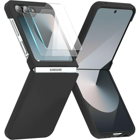 for Samsung Galaxy Z Flip 7 FE/Z Flip 6 Case with 2X Screen Protector, Slim-Thin Hard PC Phone Cover,Anti-Scratches Shockproof Protective Cases for Samsung Z Flip 7 FE/Z Flip 6 5G,Black
