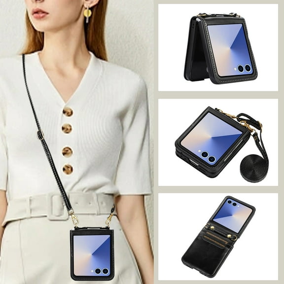for Samsung Galaxy Z Flip 7 FE / Z Flip 6 Case with Card Holder, Wristband & Shoulder Strap Drop Proof, Multifunctional Slim PU Leather Shockproof Protective Case Cover for Women Girls, Black