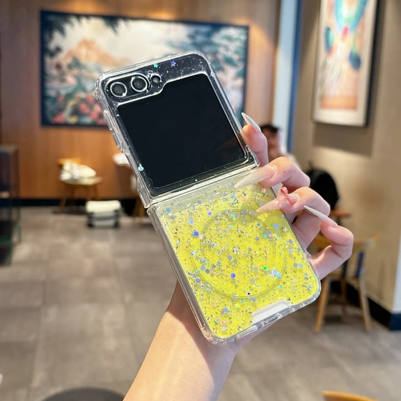 for Samsung Galaxy Z Flip 7 FE / Z Flip 6 Case, TPU Cover, Compatible with MagSafe, Glitter Sparkly Design, Ultra Slim Protective Anti-Scratch Anti-Yellow Stylish Phone Case for Women Girls, Yellow
