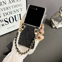 for Samsung Galaxy Z Flip 7 Glitter Case with Plating Frame & Pearl Chain Strap, Luxury Shockproof Drop Protective Lightweight Ultra Slim Anti-Scratch Phone Cover for Women Girls - Black