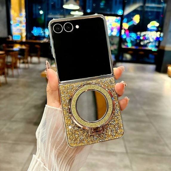 for Samsung Galaxy Z Flip 7 Glitter Kickstand Case, Cute Luxury Bling Sparkly Cover with Make-up Mirror, Ring Stand Shockproof Women Girls Protective Case for Samsung Galaxy Z Flip 7, Gold
