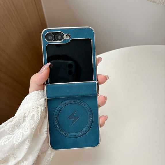 for Samsung Galaxy Z Flip 7 Magnetic Case with PU Leather Back & Plated Frame, Compatible with MagSafe, Fashion Ultra Slim Lightweight Drop Protective Phone Case Cover for Men and Women, Blue