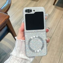For Samsung Galaxy Z Flip 7 Magnetic Phone Case,Compatible with Mag-Safe,Bling Glitter Sequins Back Design,Silver Bumper Ultra Slim Shockproof Thin Fit Durable Phone Case,White