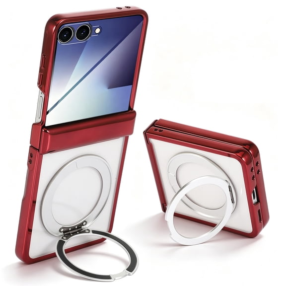For Samsung Galaxy Z Flip 7 Phone Case,360°Rotatable Ring Kickstand,With Hinge Protection,Compatible with Mag-Safe,Transparent Back Design,Shockproof Rugged Durable Phone Case,Red